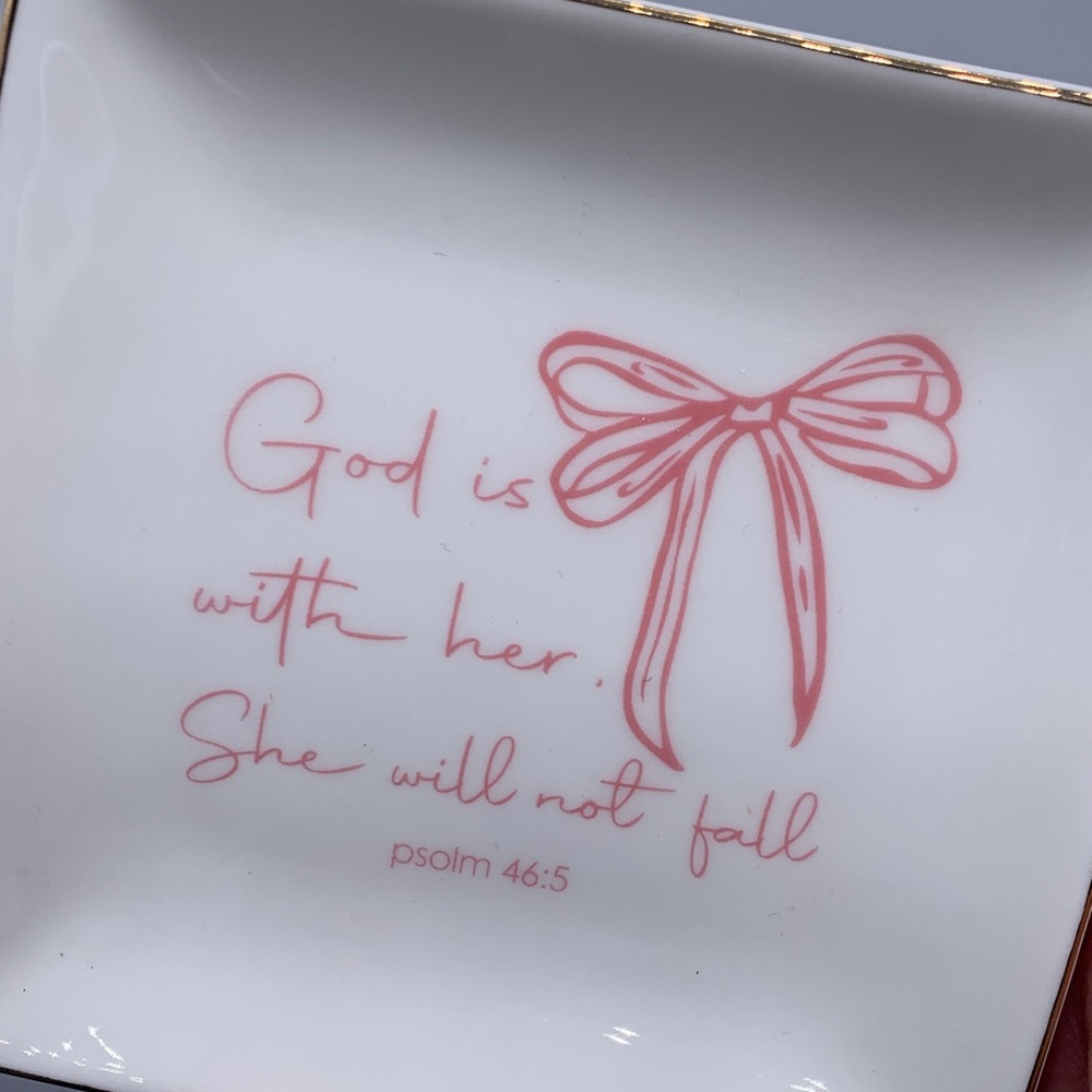 Psalm 46.5 God is with her. She will not fall. Pink White Square Trinket Dish